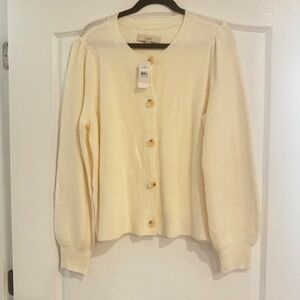 LOFT Cream Ribbed Button‑Front Cardigan – Size L – Soft Stretch Knit- NWT